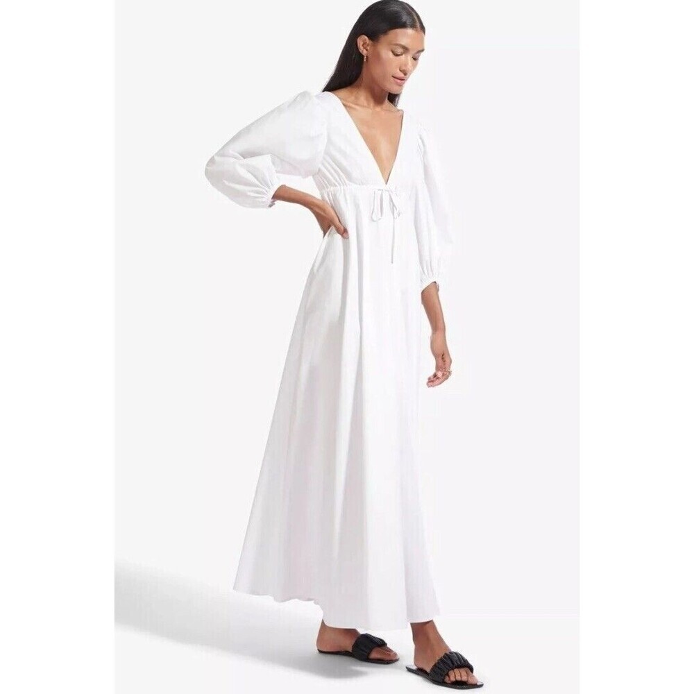 STAUD White V-Neck Maxi Dress with Puff Sleeves